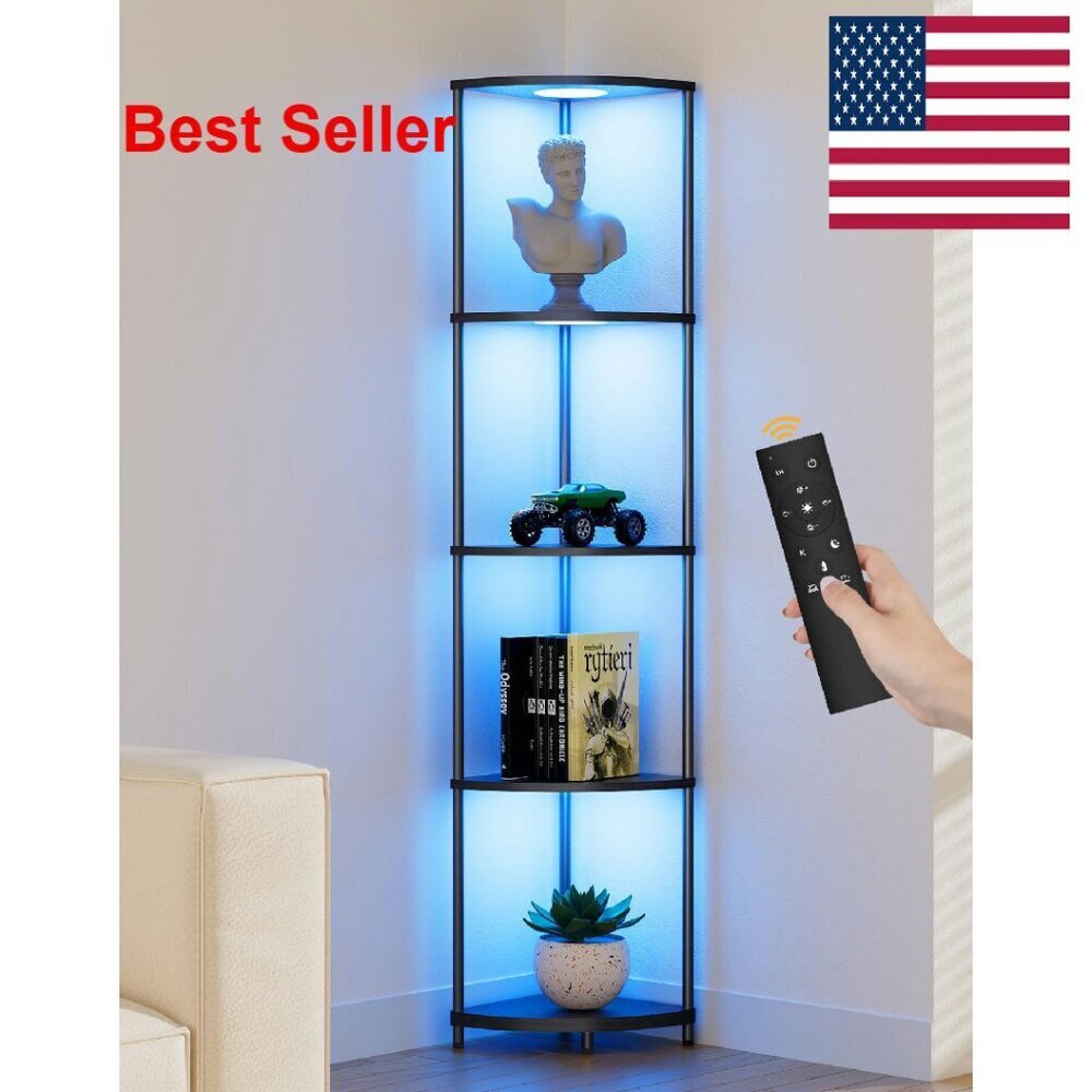 Modern Corner Shelf Floor Lamp With Led Lights 5-Tier Display Storage Organizer